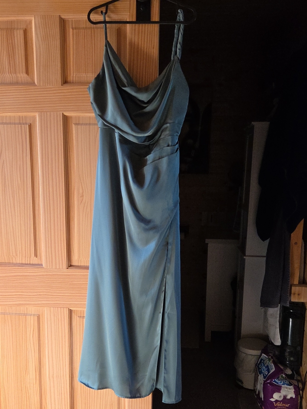 Elegant Eculyptus Satin Slip Dress with Cowl Neck